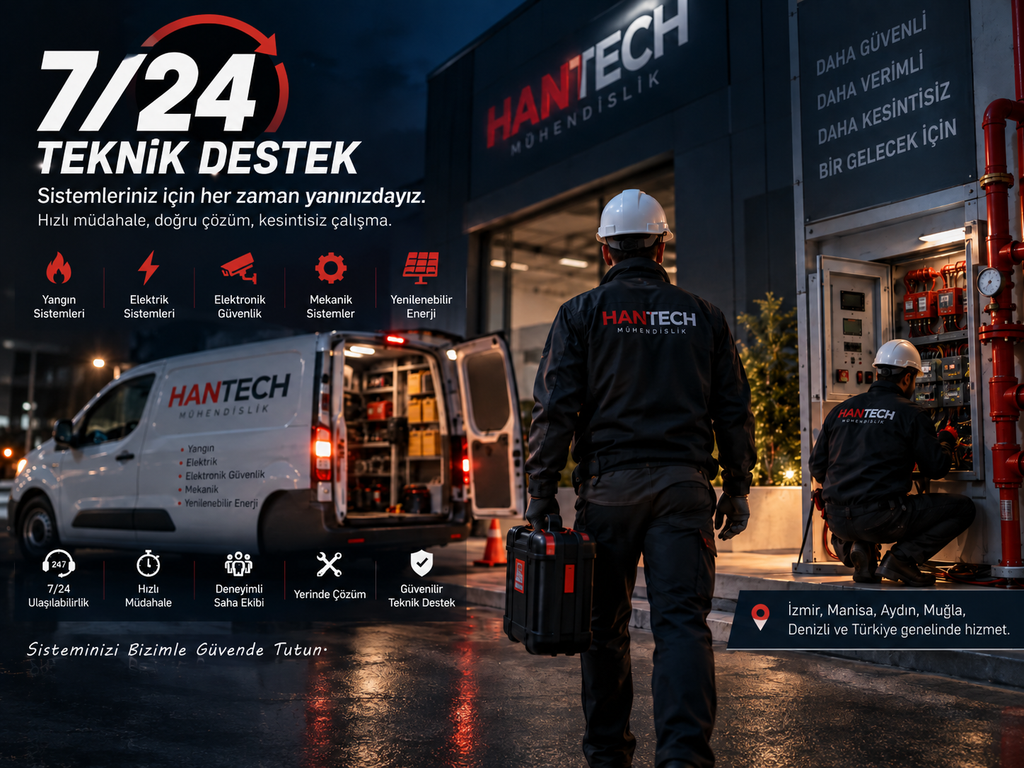 HanTech Mühendislik 7/24 teknik servis ve arıza müdahale hizmeti; yangın, elektrik, elektronik güvenlik, mekanik ve yenilenebilir enerji sistemlerinde saha desteği.