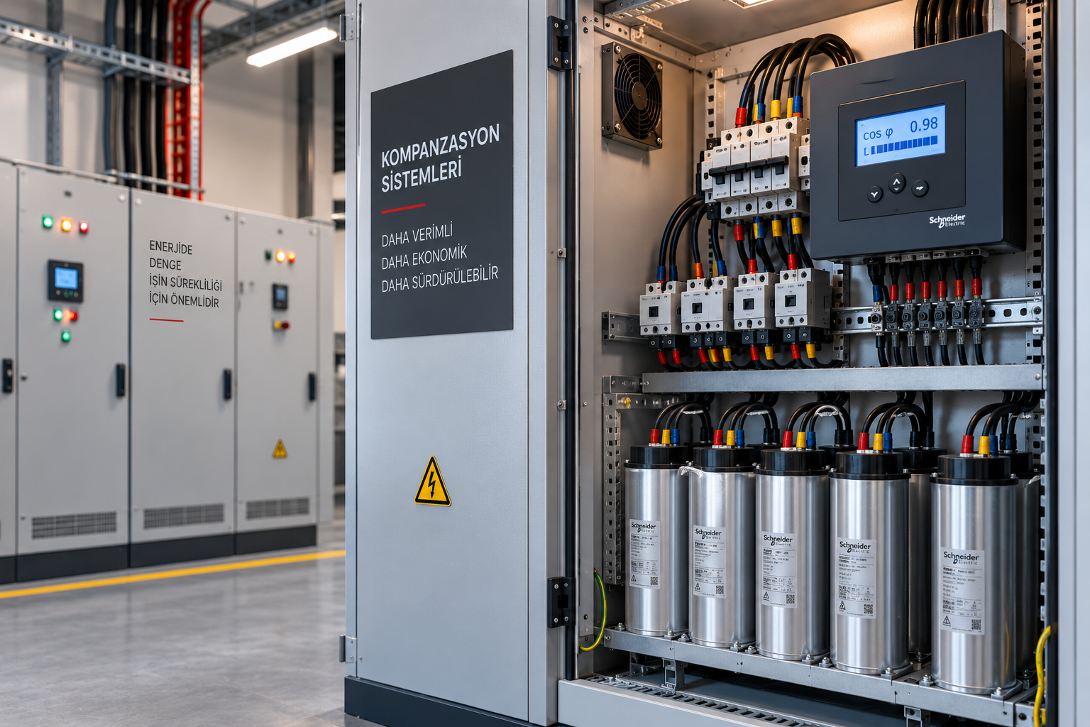 HanTech Mühendislik kompanzasyon sistemi, reaktif güç kontrol panosu, kondansatör grupları ve elektrik panosu uygulaması